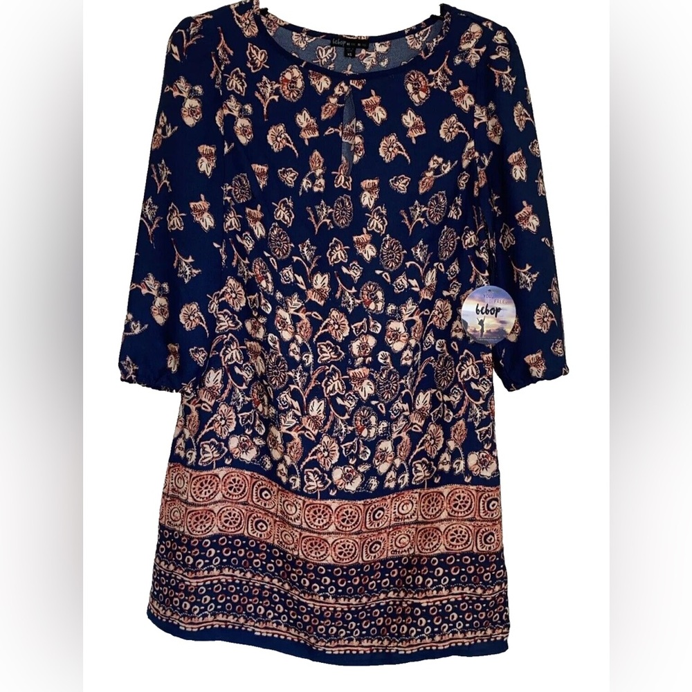 Bebop Juniors Size S Navy Blue Floral Patterned Dress with 3/4 Sleeves NWT